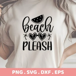 A woman wears a t-shirt with a "Beach Please" SVG design featuring a watermelon slice and heart-shaped sunglasses with palm trees, indicating a summer vacation theme; this is a digital download bundle.