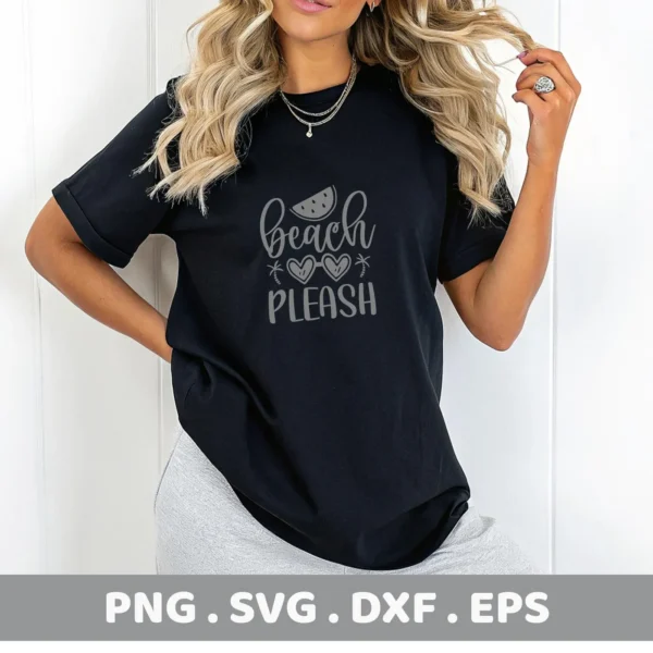 A woman models a black t-shirt with a "Beach Please" SVG design featuring a watermelon slice and sunglasses, advertising a digital download bundle.