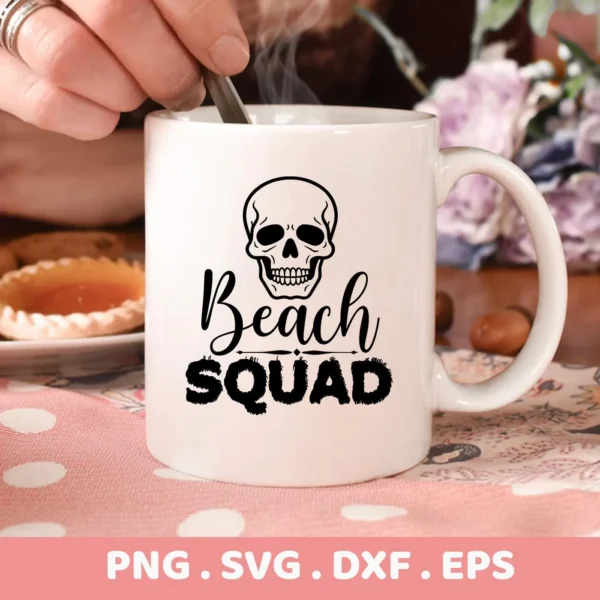 White mug featuring a "Beach Skull Squad SVG" design with a skull graphic above the text, presented as a digital download bundle (SVG, PNG).