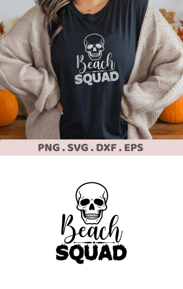 Beach Skull Squad SVG" design featuring a skull graphic above the text "Beach Squad," available as a digital download bundle in SVG and PNG formats.