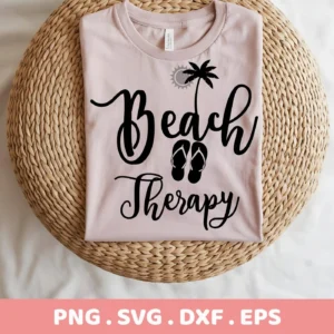 A light pink t-shirt with a "Beach Therapy SVG Design" featuring a palm tree, sun, and flip-flops, displayed on a woven surface, representing a digital download bundle (SVG, PNG, DXF, EPS).