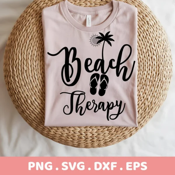 A light pink t-shirt with a "Beach Therapy SVG Design" featuring a palm tree, sun, and flip-flops, displayed on a woven surface, representing a digital download bundle (SVG, PNG, DXF, EPS).
