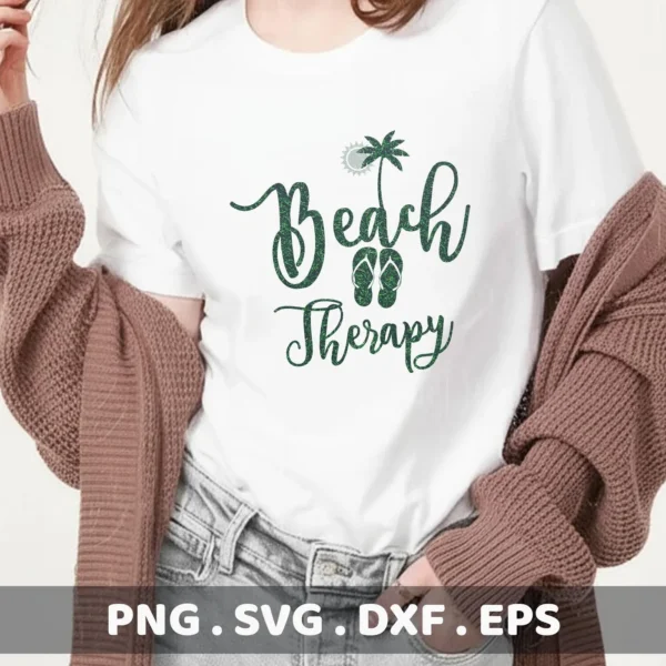 A woman wearing a white t-shirt with the text "Beach Therapy" in a decorative font, featuring a palm tree and flip-flops, showcasing a Beach Therapy SVG Design available as a digital download bundle (SVG, PNG).
