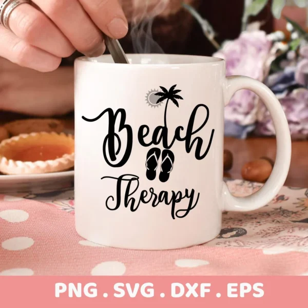Close-up of a white mug featuring the "Beach Therapy" SVG Design with a palm tree, sun, and flip-flops graphic, presented as a digital download bundle (SVG, PNG).