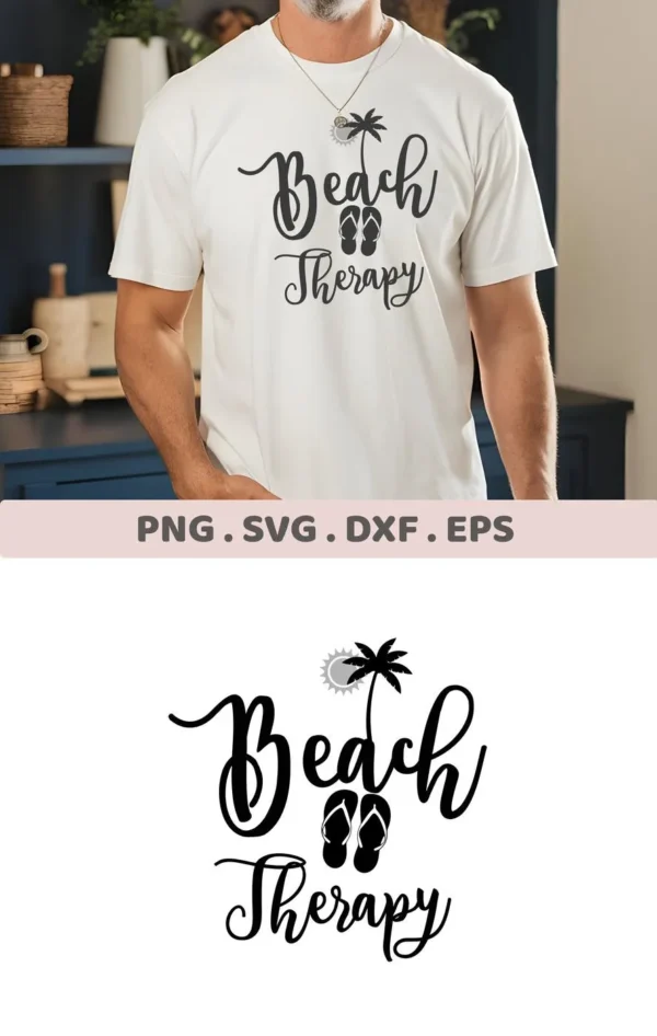 Beach Therapy SVG Design featuring a palm tree and flip flops, shown on a t-shirt, available as a digital download bundle (SVG, PNG).