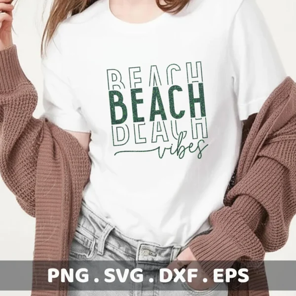 A woman models a white t-shirt with a "Beach Vibes" SVG design, part of a digital download bundle.