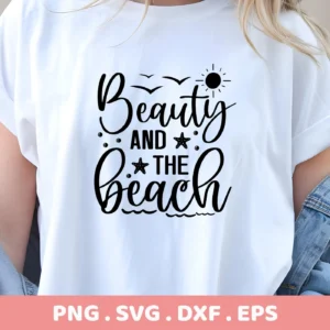 Close-up of a white t-shirt featuring a "Beauty And The Beach" design with starfish, birds, and a sun, representing a Beach Starfish SVG Design available as a digital download bundle (SVG, PNG).