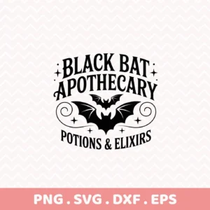 A black and white vector graphic of a "Black Bat Apothecary" design featuring bats, stars, and swirling flourishes, intended for cutting machines like Cricut to create Halloween-themed potion labels and spooky decor.