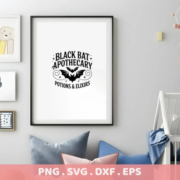A framed "Black Bat Apothecary" design, featuring a bat silhouette and "Potions & Elixirs" text, intended as a Bat Apothecary Cricut Design for cutting or serigraphy projects.