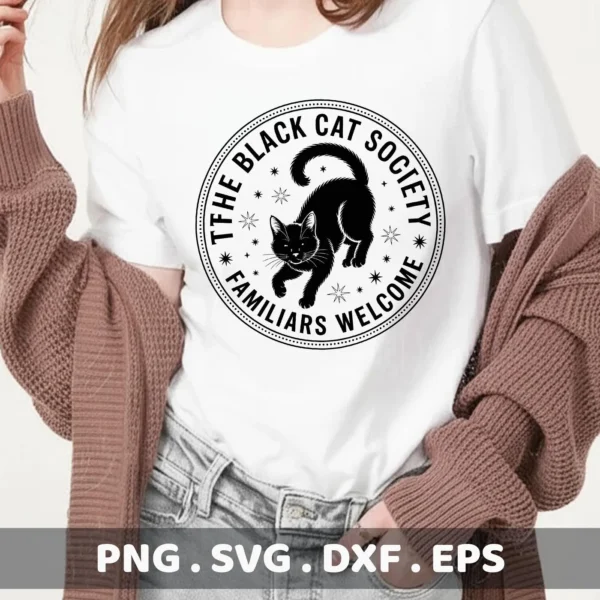 A black and white vector graphic of a black cat inside a circular seal reading "The Black Cat Society, Familiars Welcome," designed for Cricut cutting machines and serigraphy applications.