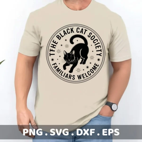 A beige t-shirt displays a black circular design featuring a black cat and the text "The Black Cat Society, Familiars Welcome," suitable for Cricut cutting and serigraphy applications with a Halloween/witchcraft theme.