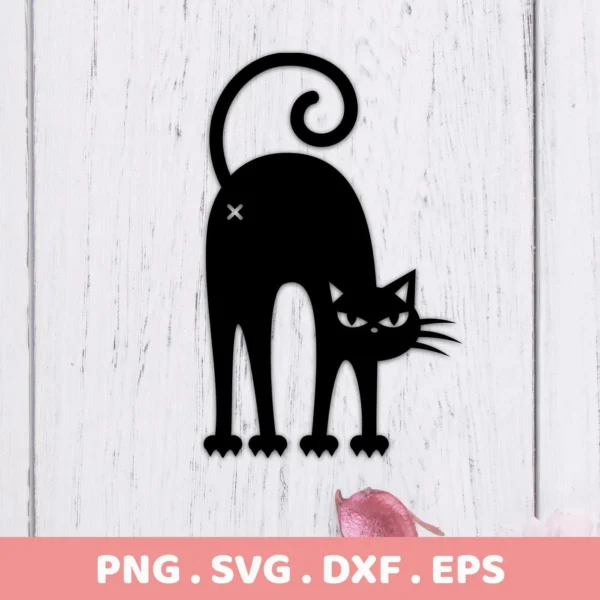 Black Cat SVG Silhouette digital download bundle featuring a stylized black cat with arched back, curled tail, and grumpy expression, available in SVG and PNG formats.