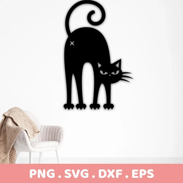 Black Cat SVG Silhouette digital download bundle featuring a stylized, arched-back black cat with a curled tail, presented as a vector graphic in SVG and PNG formats.