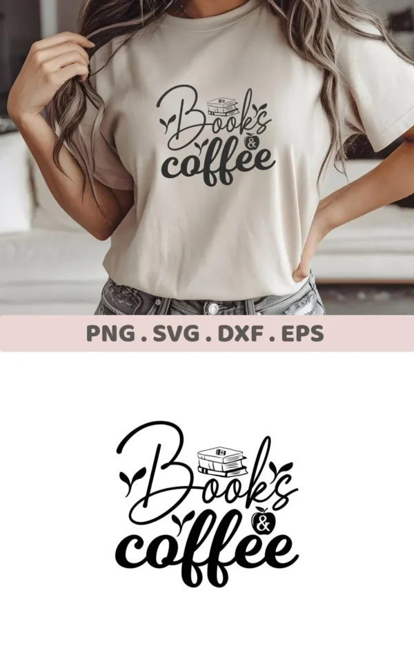 T-shirt mockup with "Books Coffee" SVG design, a digital file for teacher gifts.