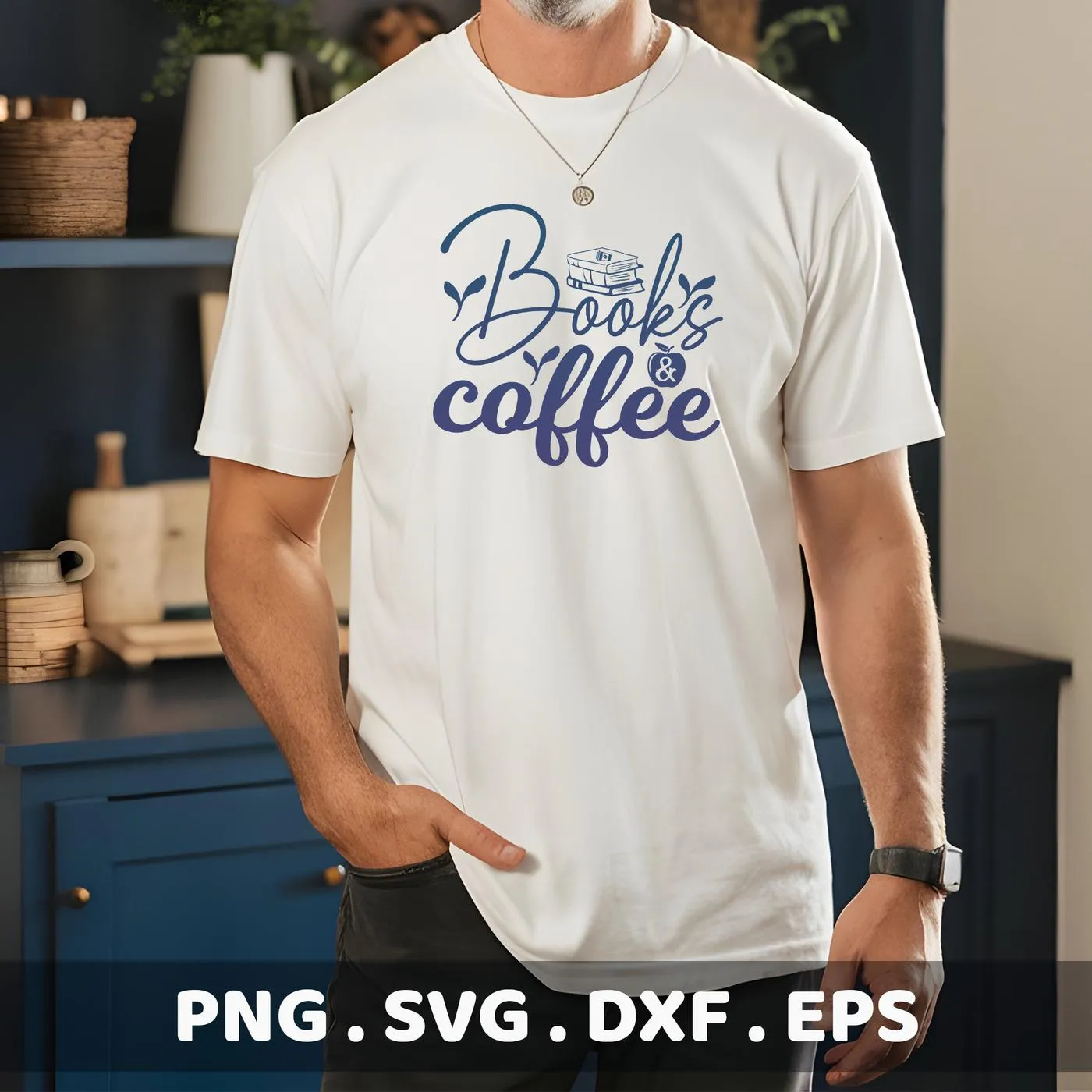 Man wearing t-shirt with "Books Coffee" SVG design, a digital cut file for crafters.
