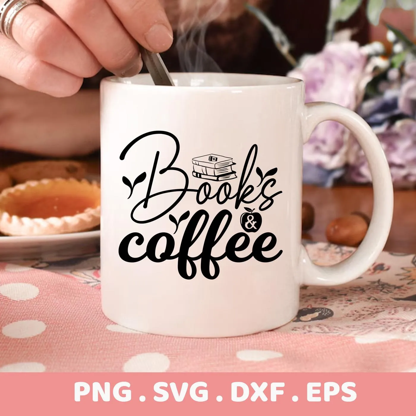 White mug with "Books Coffee" SVG design, part of digital cut file bundle for Cricut and Silhouette.