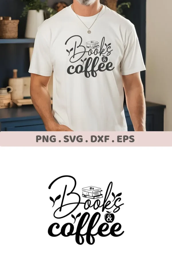 Books Coffee" design on a white t-shirt, a digital SVG cut file for crafting.