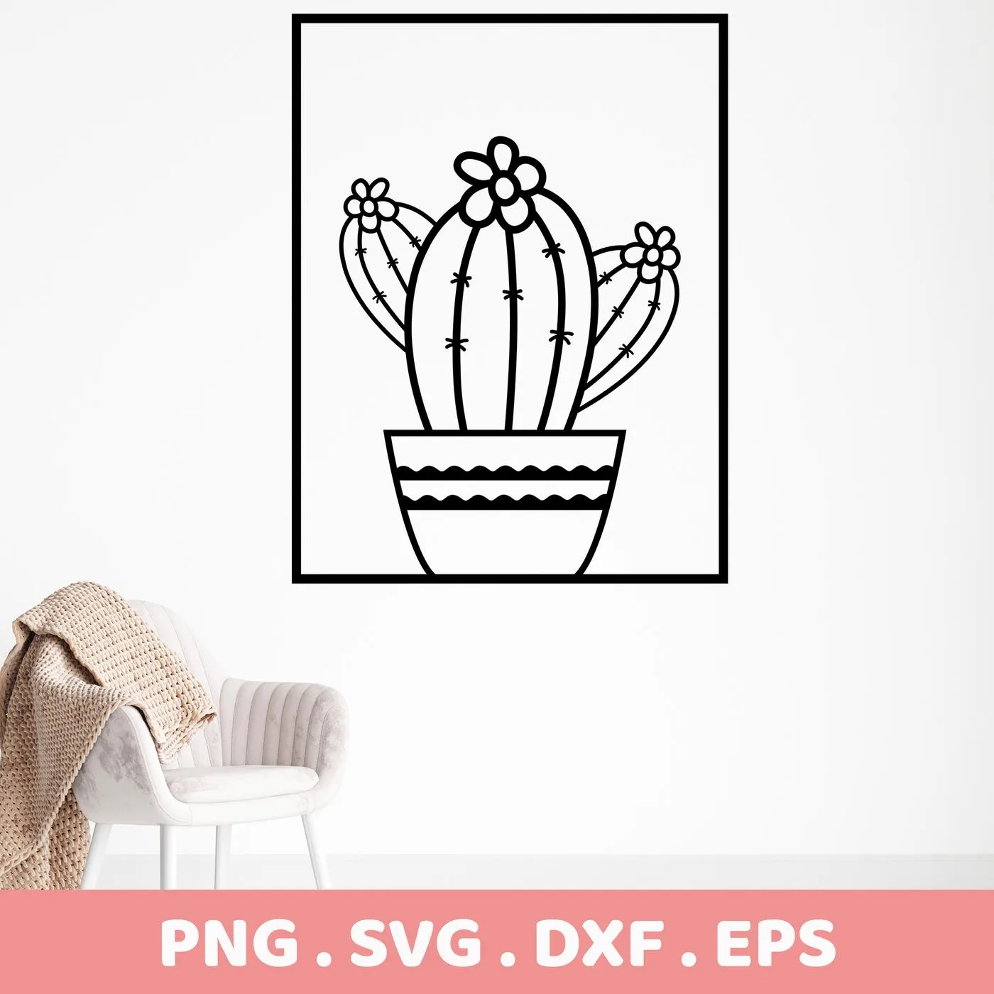 Black and white line art of a potted cactus with flowers, presented as a Cactus Flower SVG Cutting File digital download bundle (SVG, PNG).