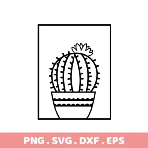 A black and white line drawing of a potted cactus with a flower on top, available as a Cactus SVG Cutting File digital download bundle (SVG, PNG).