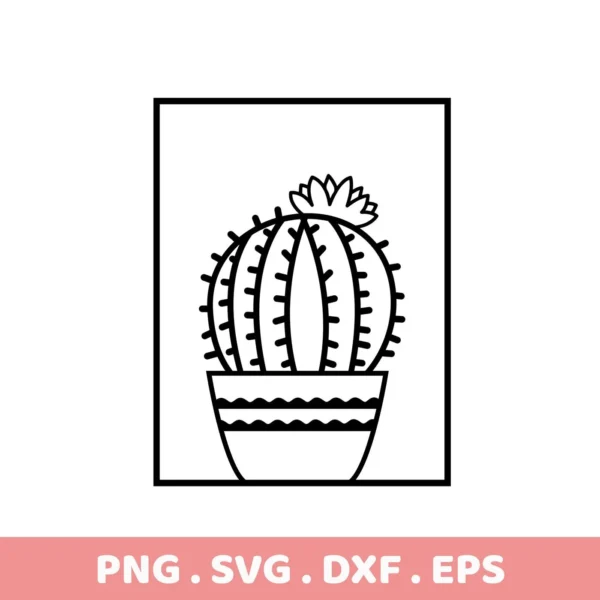 A black and white line drawing of a potted cactus with a flower on top, available as a Cactus SVG Cutting File digital download bundle (SVG, PNG).
