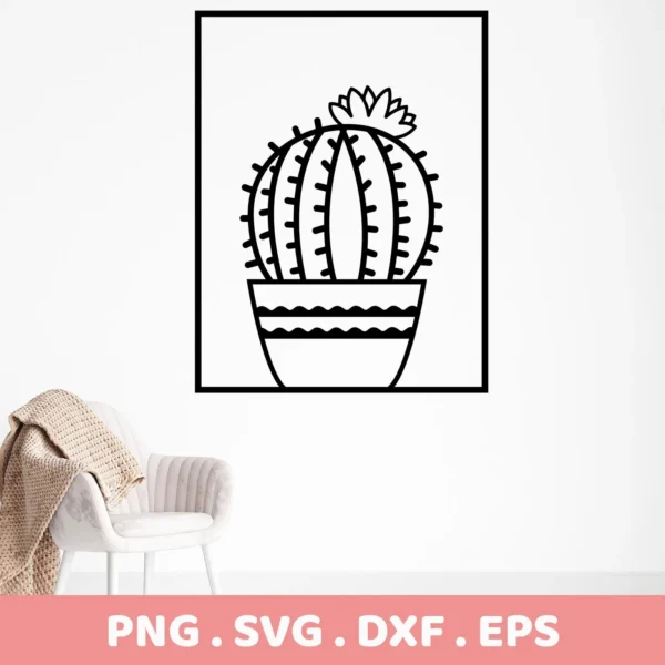 Black and white line art of a round cactus with a flower on top in a decorative pot, framed, representing a Cactus SVG Cutting File digital download bundle (SVG, PNG).