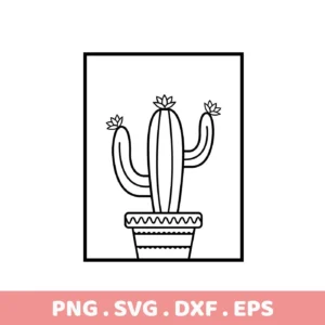 Black and white line art illustration of a potted cactus with flowers, representing a Cactus SVG for Cricut digital download bundle in SVG and PNG formats.