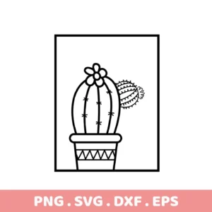 A black and white line drawing of a cactus in a pot, part of a Cactus SVG Cutting File digital download bundle (SVG, PNG).