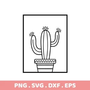 Black and white line art illustration of a potted cactus with flowers, representing a Cactus SVG Cutting File digital download bundle.