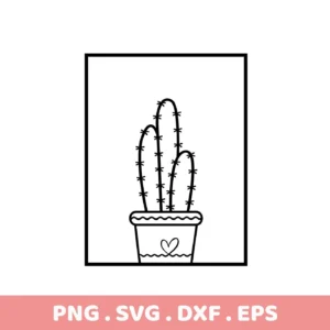 Black and white line art of a potted cactus with a heart on the pot, part of a Cactus SVG Cutting File digital download bundle (SVG, PNG).