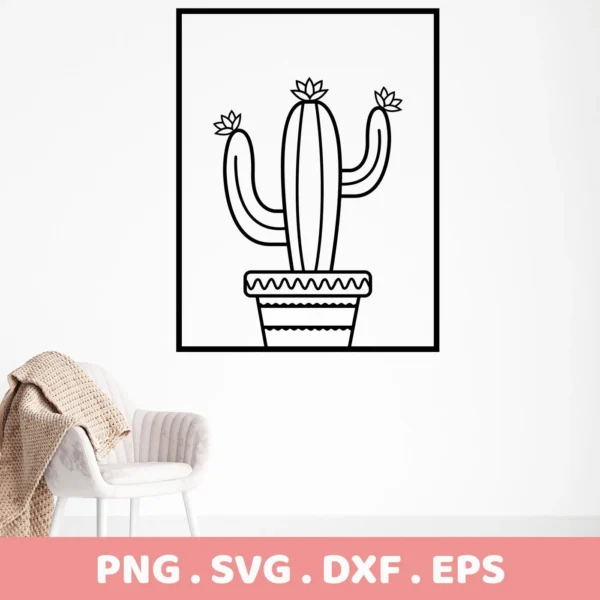 A framed, minimalist line art illustration of a potted cactus with flowers, representing a Cactus SVG for Cricut digital download bundle (SVG, PNG).