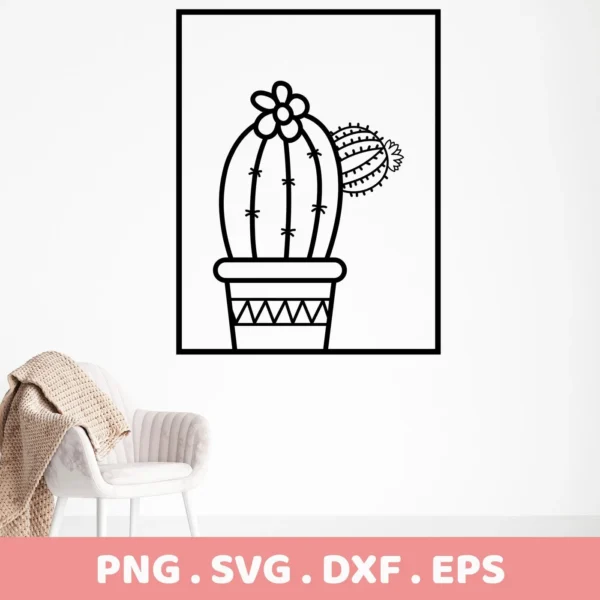 A black and white line drawing of a potted cactus with a flower, part of a Cactus SVG Cutting File digital download bundle (SVG, PNG).