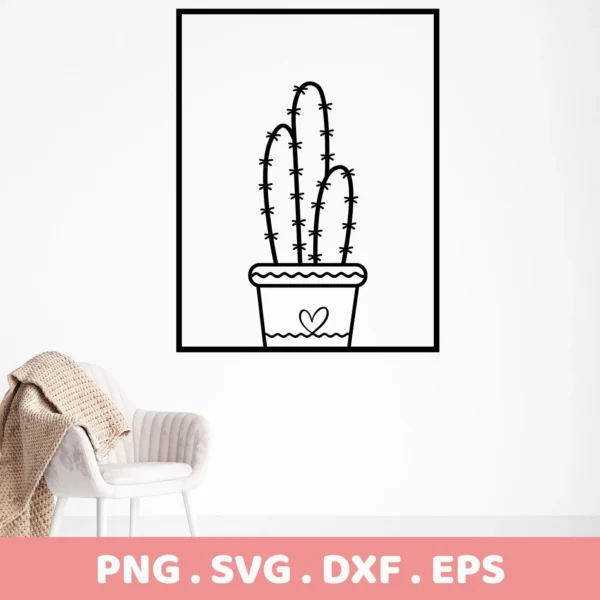A framed, minimalist line drawing of a cactus in a pot with a heart, representing a Cactus SVG Cutting File available as a digital download bundle (SVG, PNG).