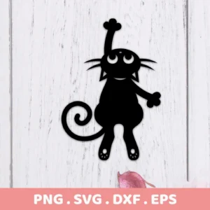 A black Cartoon Cat SVG Silhouette, part of a digital download bundle including SVG and PNG files, depicted against a white wood background.