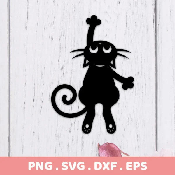 A black Cartoon Cat SVG Silhouette, part of a digital download bundle including SVG and PNG files, depicted against a white wood background.