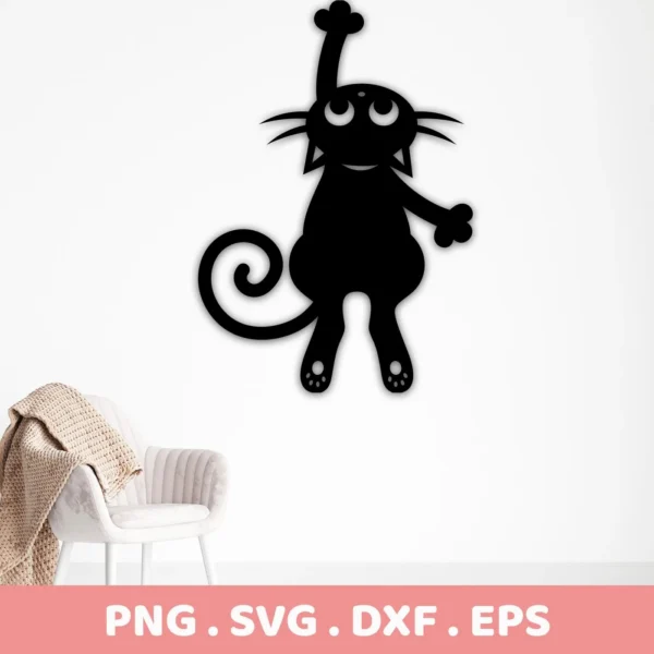 A black Cartoon Cat SVG Silhouette, depicted as a playful, stylized kitten hanging with one paw raised, part of a digital download bundle including SVG and PNG formats.