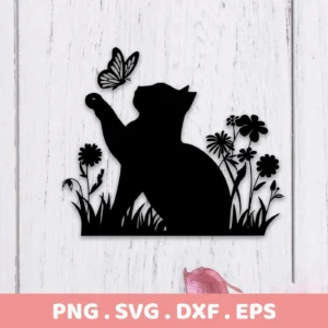 Black silhouette of a cat reaching for a butterfly, surrounded by flowers and grass, presented as a digital download bundle (SVG, PNG).
