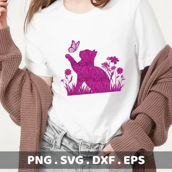 A white t-shirt displays a glittery purple silhouette of a cat reaching for a butterfly, surrounded by flowers, representing a digital download bundle (SVG, PNG).
