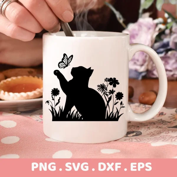 A white mug displays a black silhouette of a cat reaching for a butterfly amidst floral designs; a digital download bundle (SVG, PNG) for Cricut.