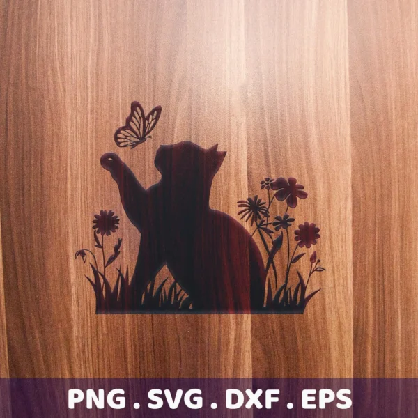Cat Butterfly Silhouette SVG Cricut digital download bundle featuring a cat reaching for a butterfly amongst flowers.