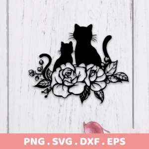 Black silhouette of two cats nestled among roses and leaves, a digital download bundle including SVG and PNG formats.