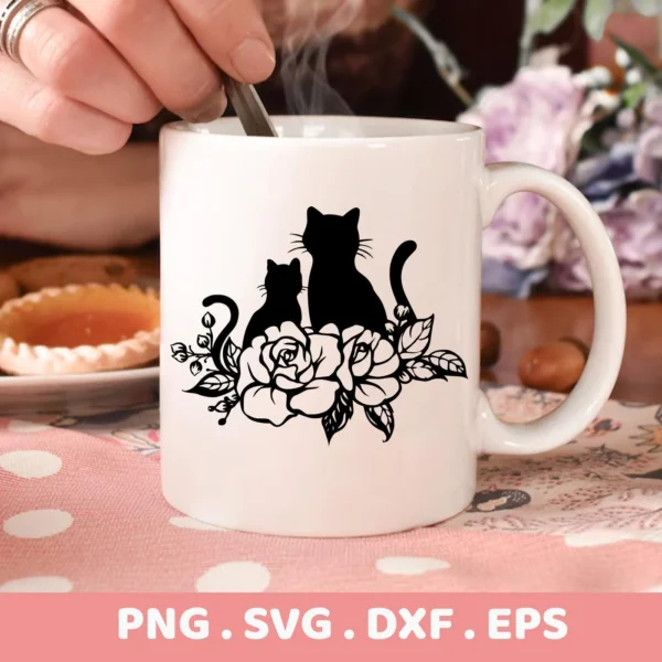 A white mug displays a black Cats Roses Silhouette SVG design, part of a digital download bundle including PNG, DXF, and EPS formats.