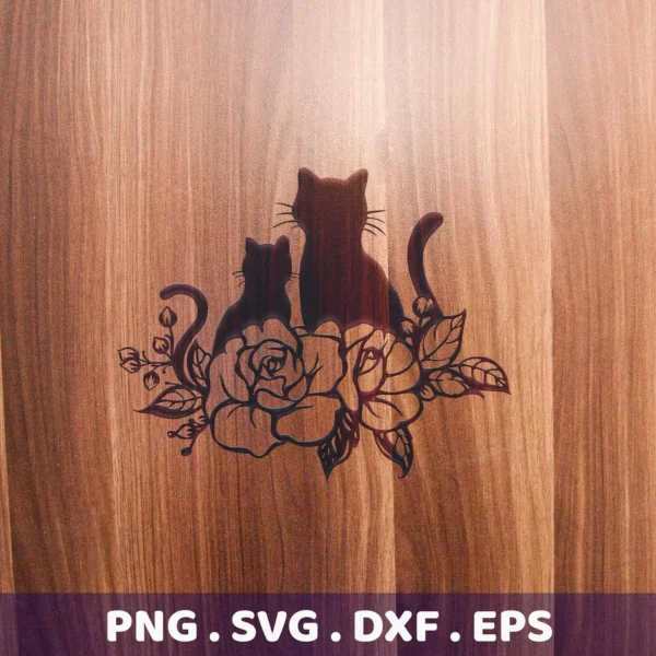 Cats Roses Silhouette SVG: A digital download bundle featuring a silhouette of two cats nestled among roses, available in SVG, PNG, DXF, and EPS formats.