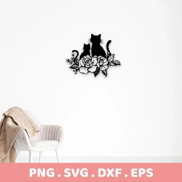 Cats Roses Silhouette SVG: A digital download bundle (SVG, PNG) featuring a silhouette of two cats sitting atop a floral arrangement of roses and leaves.