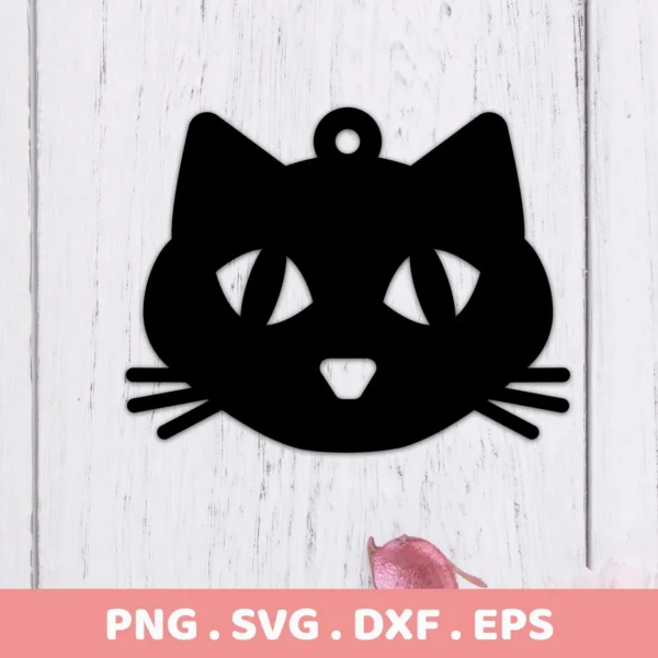Black silhouette of a stylized cat face with a hanging loop, representing a Cat Ornament SVG File available as a digital download bundle including SVG and PNG formats.
