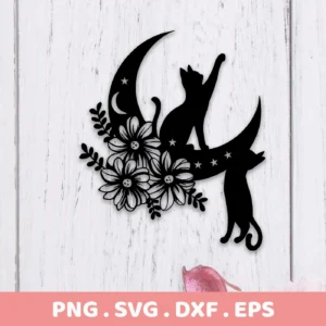 Black silhouette of floral cats on a crescent moon with stars, a digital download bundle including SVG and PNG files.