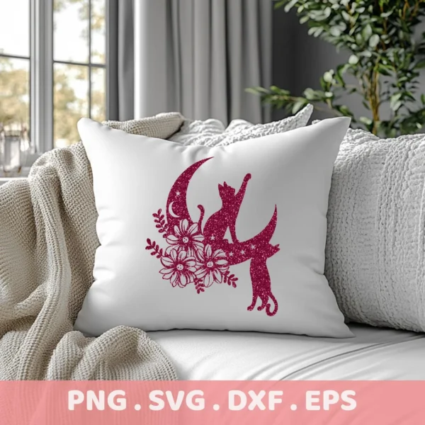 Close-up of a white pillow on a couch, featuring a floral cats moon SVG file design in red glitter, showcasing two cats on a crescent moon with flowers; this is a digital download bundle including SVG and PNG formats.