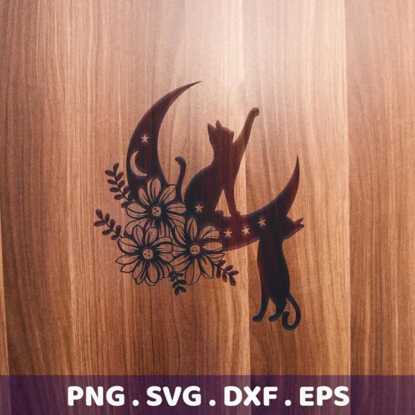 Silhouette of two cats on a crescent moon decorated with flowers and stars, a Floral Cats Moon SVG File digital download bundle (SVG, PNG, DXF, EPS).