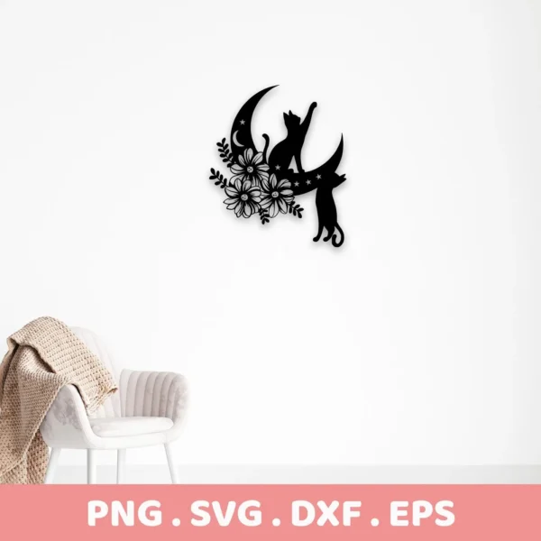 Silhouette of two cats on a crescent moon decorated with flowers and stars, presented as a Floral Cats Moon SVG File digital download bundle (SVG, PNG).