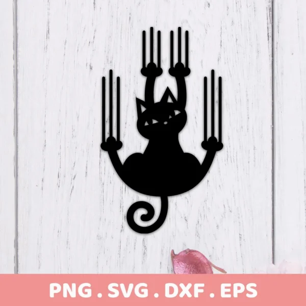 A black silhouette of a cat hanging with claws extended, creating scratch marks, representing a digital download bundle including SVG and PNG formats.