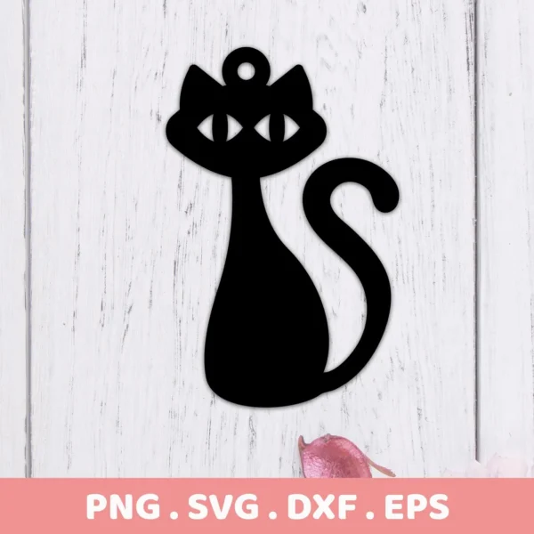 Retro Cat Silhouette SVG, a digital download bundle (SVG, PNG) featuring a stylized black cat with a curled tail and a loop at the top for hanging.